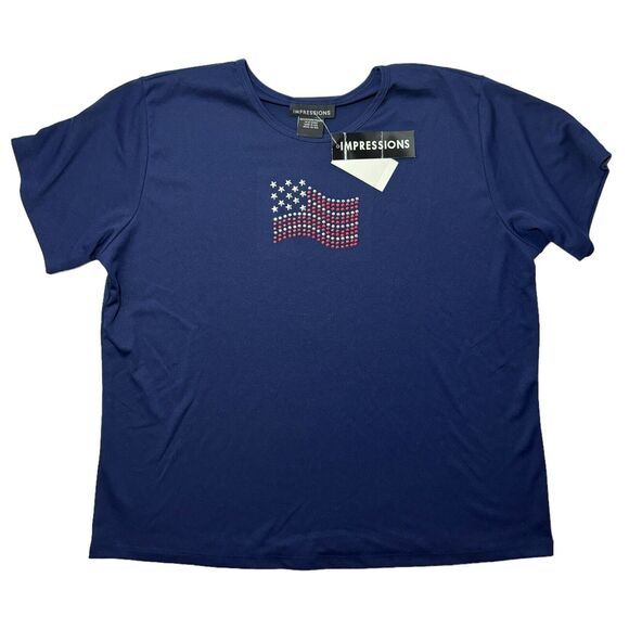American Flag Rhinestone Navy Blue USA T-Shirt XL Woman's 4th of July Apparel - Picture 1 of 4